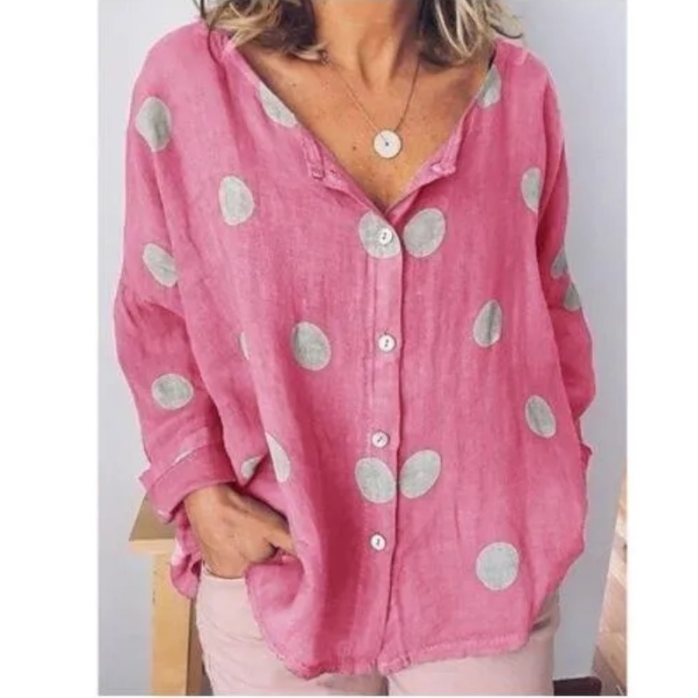 🌹Pink Polka Dot Button Down Women's Top - Size XL